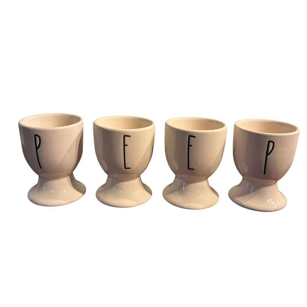 Rae Dunn Artisan Collection MagentaWhite 4 Piece Set Of Egg Cups. Spells P E E P